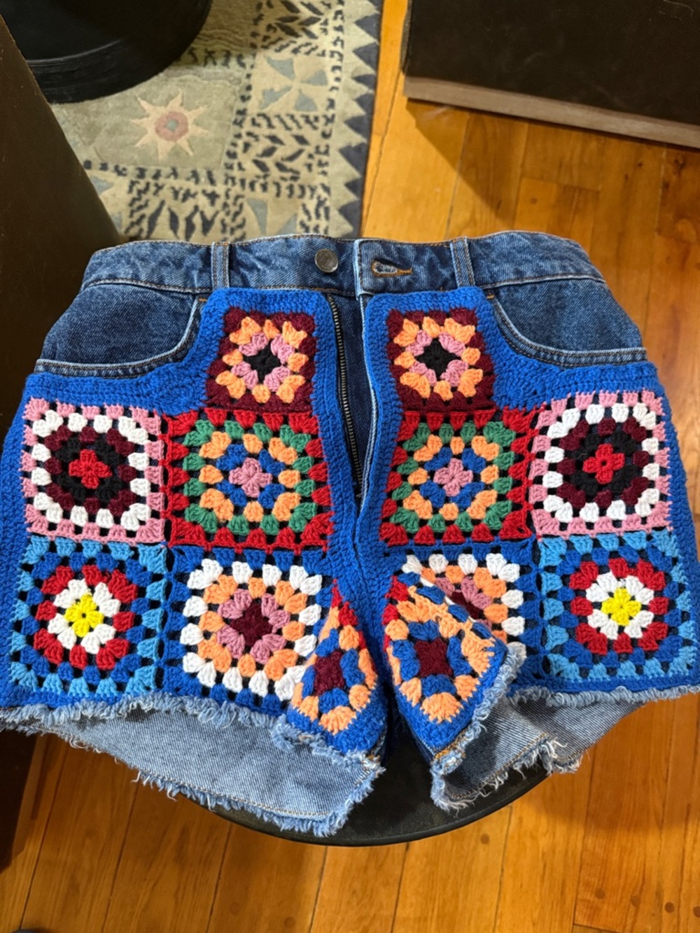 FARM Rio Blue Denim Shorts with Multicolor Crochet Squares
